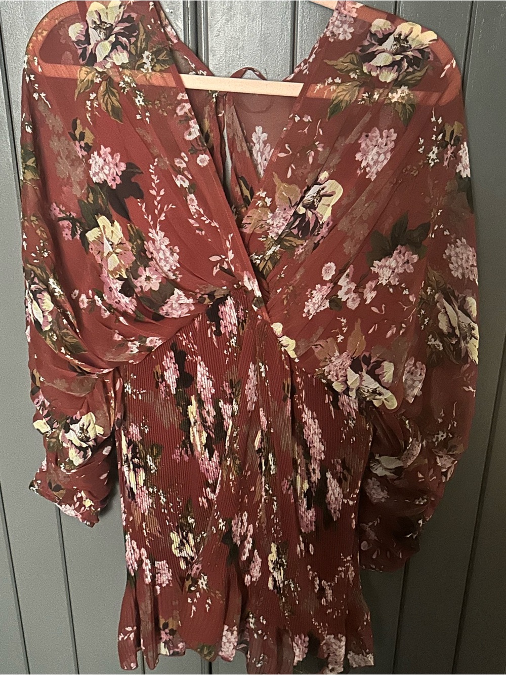 Floral Rust Pleated Chiffon Dress